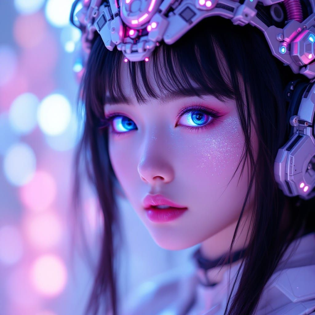 Glowing Cybernetic Anime Girl in Hyperrealistic Portrait