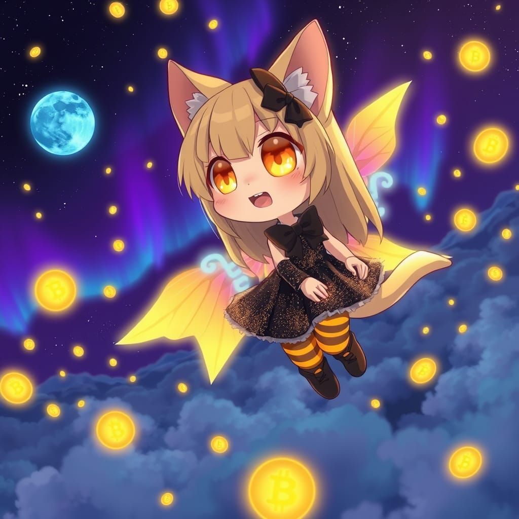 Mystical Anime Catgirl Soars Above the Glowing Clouds in a C...