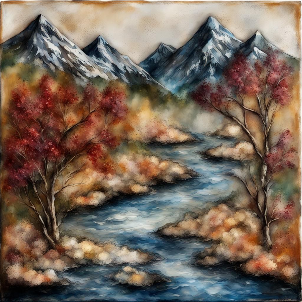 Mountain Stream in Encaustic Art Style
