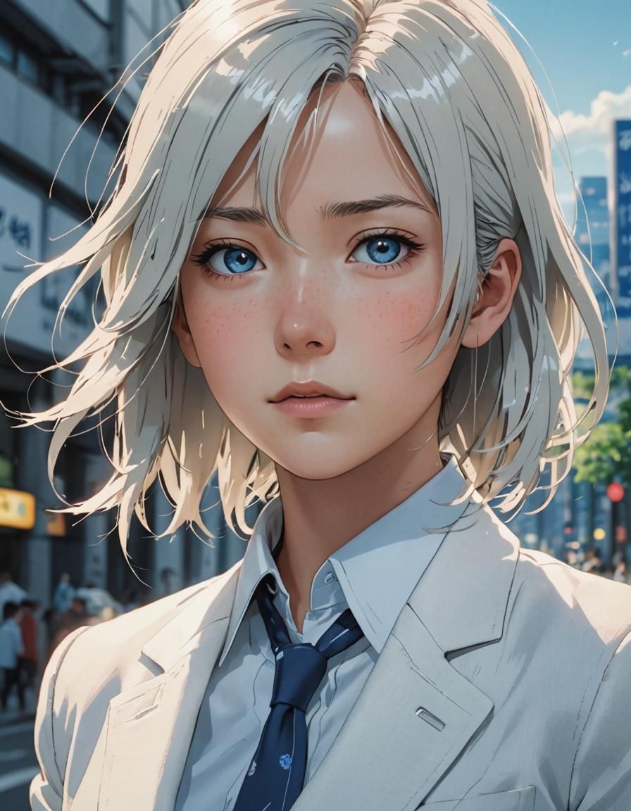 Platinum Haired Woman in Anime Key Visual Style
