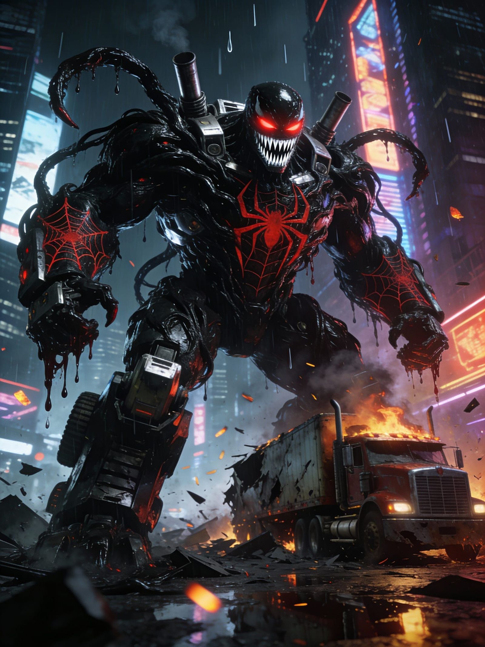 Optimus Prime Fused With Venom in Cyberpunk City