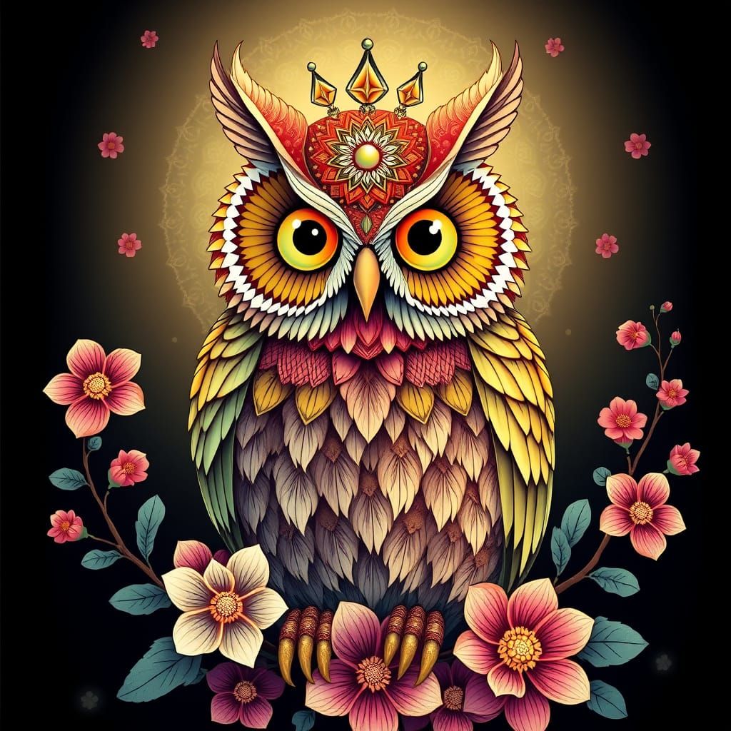 Whimsical Russian Folk Fairy Owl in Floral Kokoshnik