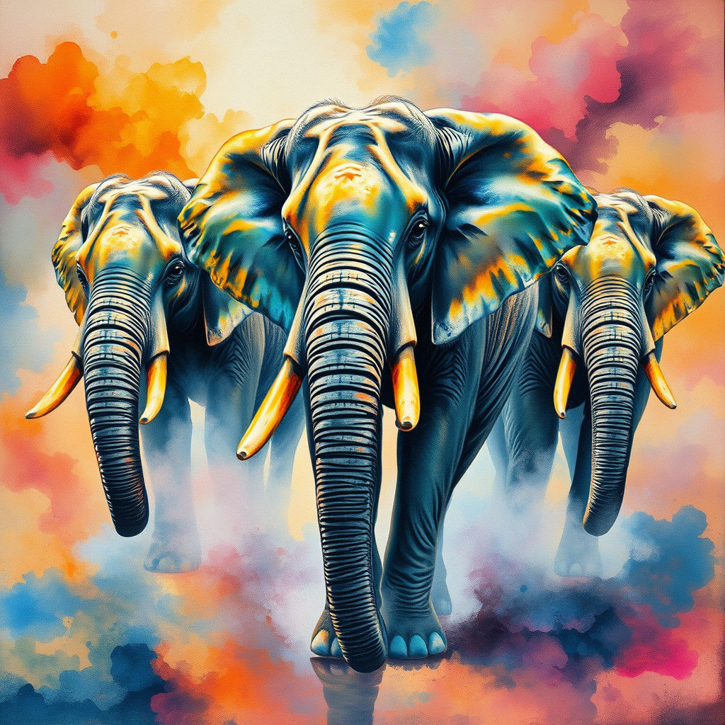 Elephants in Iridescent Mist: Watercolor Surrealism