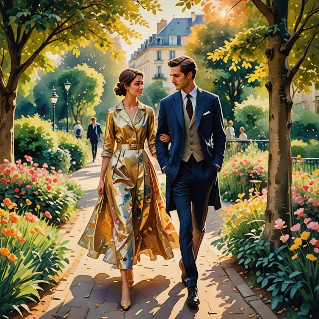Couple Strolls Parisian Garden in Painterly Style