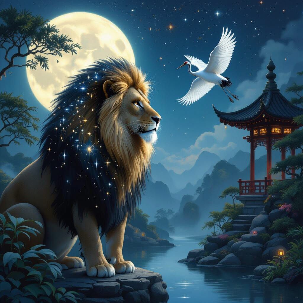 An ancient, wise lion, its mane interwoven with celestial co...