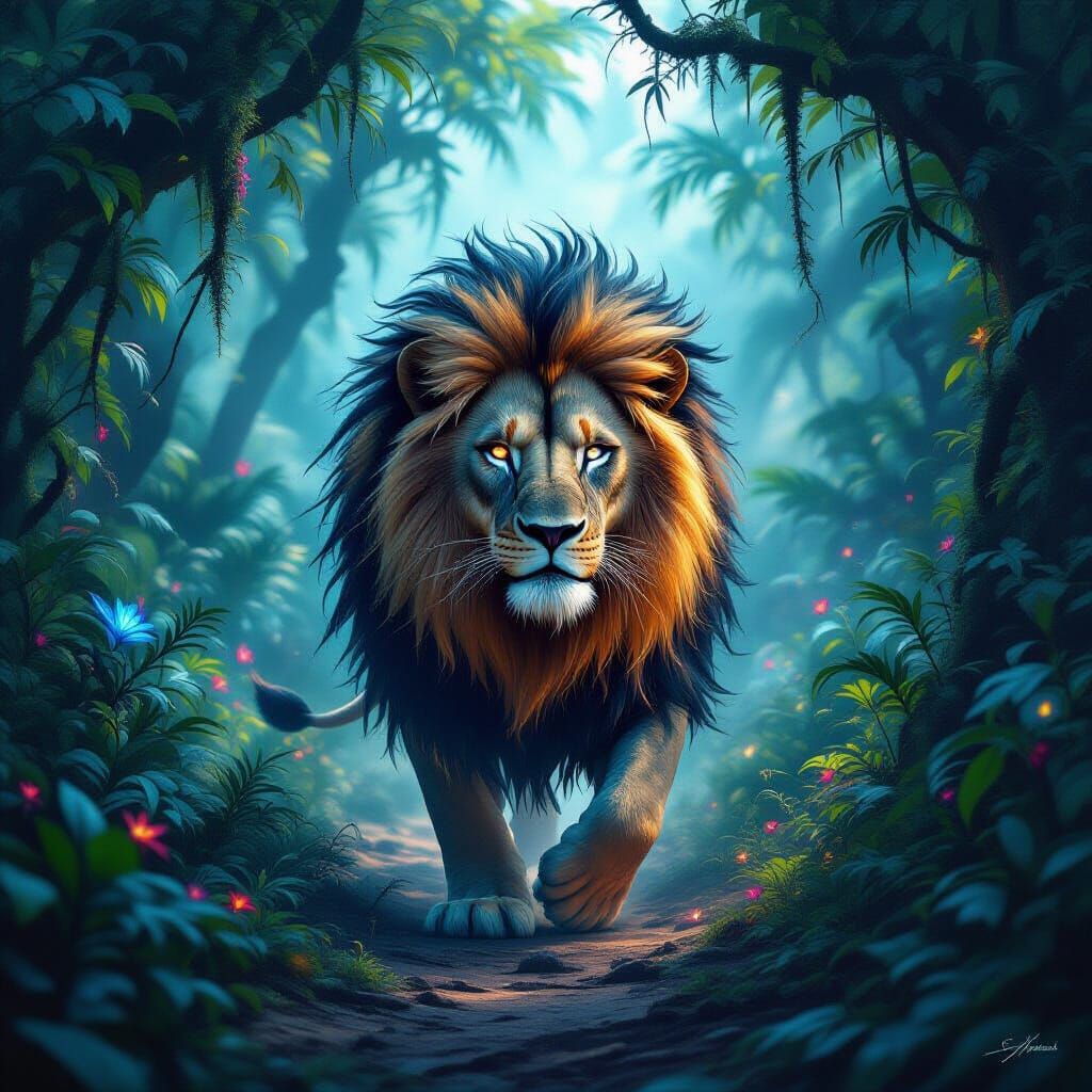 Cosmic Lion in Alien Jungle