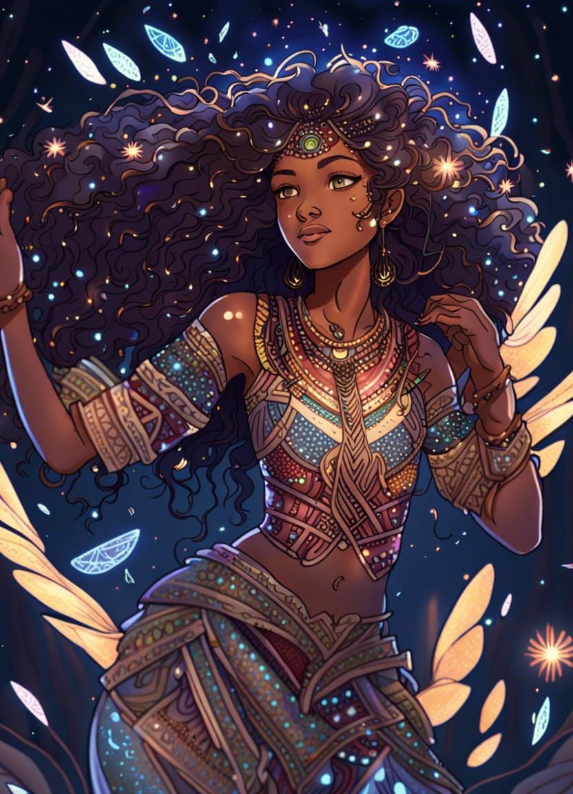 Tribal Woman Flying in Magical Forest as Cel Shading