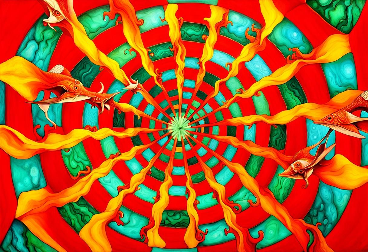 two white winged manta rays with human heads into a tunnel of light on astral projection, H.R. Giger, mandala flowers, n...