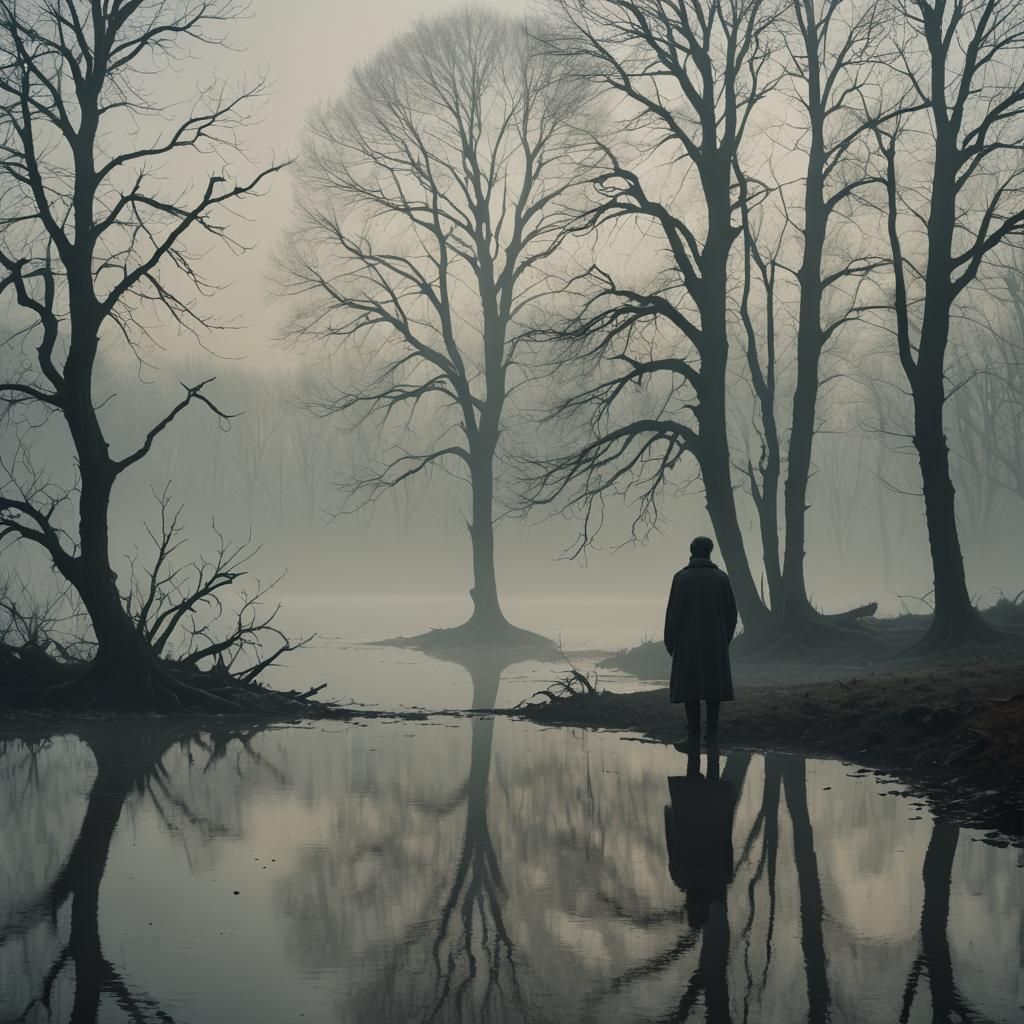 Ethereal Figure at Fog-Shrouded Lake: Cinematic Still