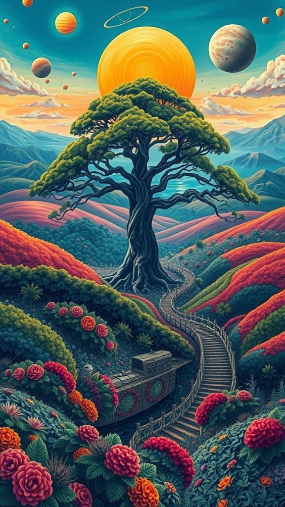 Surreal Landscape with Majestic Tree in Dreamlike Style