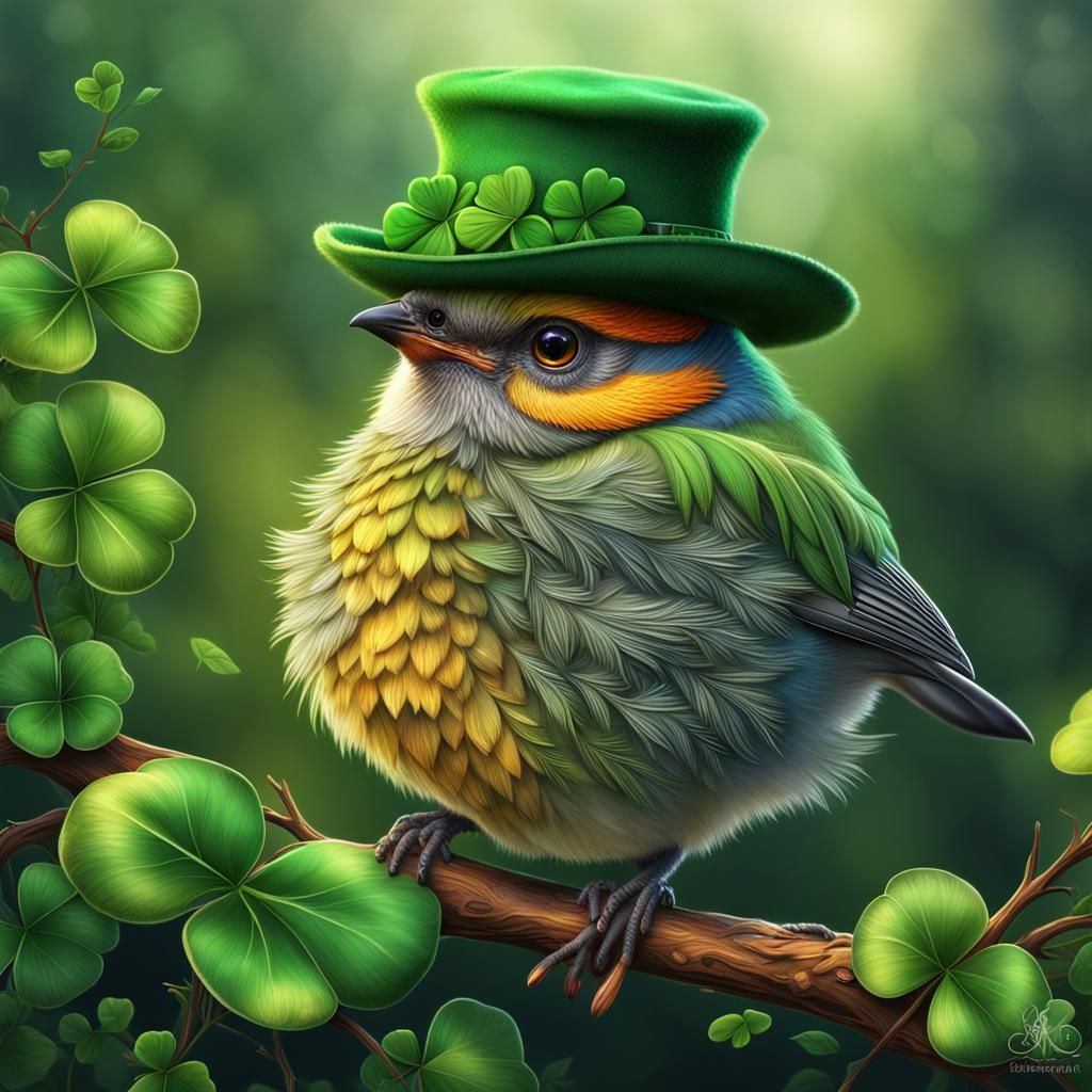 Charming Bird with Shamrock Hat in Detailed Scene