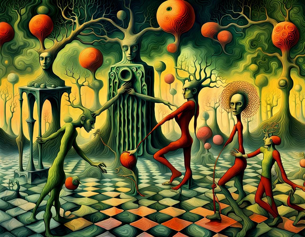 tree elves machines build maze checkers and puzzles, DMT art...