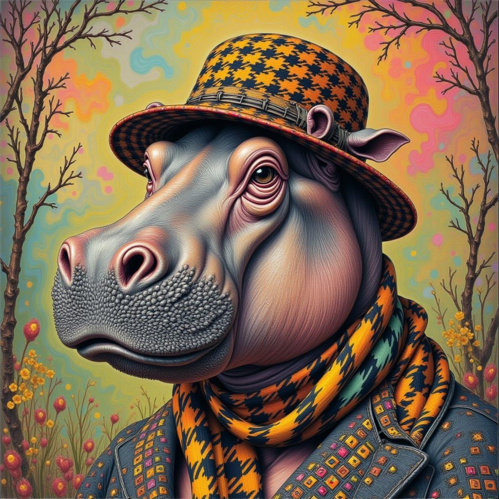 Houndstooth Hippo in Whimsical Setting