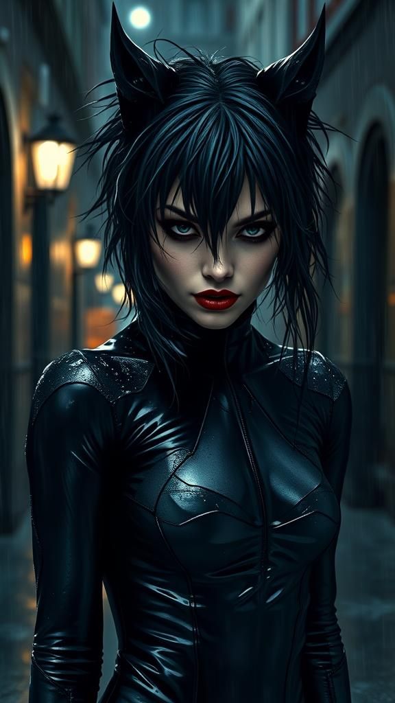 Brooding Catwoman in Rainy Gotham Alleyway