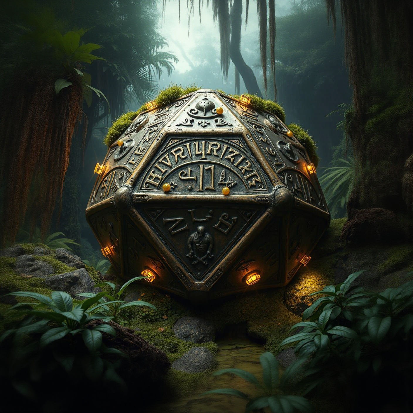 Mystic Bronze Dodecahedron Unveiled in Jungle Ruins