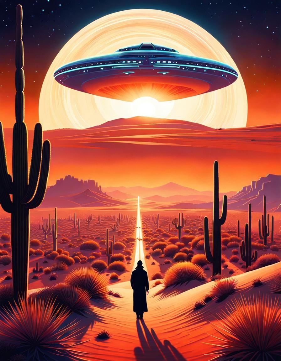 Surreal Spaceship Over Desert Landscape Digital Painting
