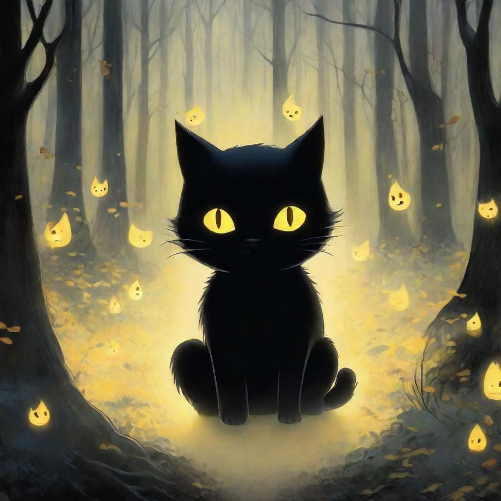 Art by Hayao Miyazaki, a cute black cat with glowing yellow ...