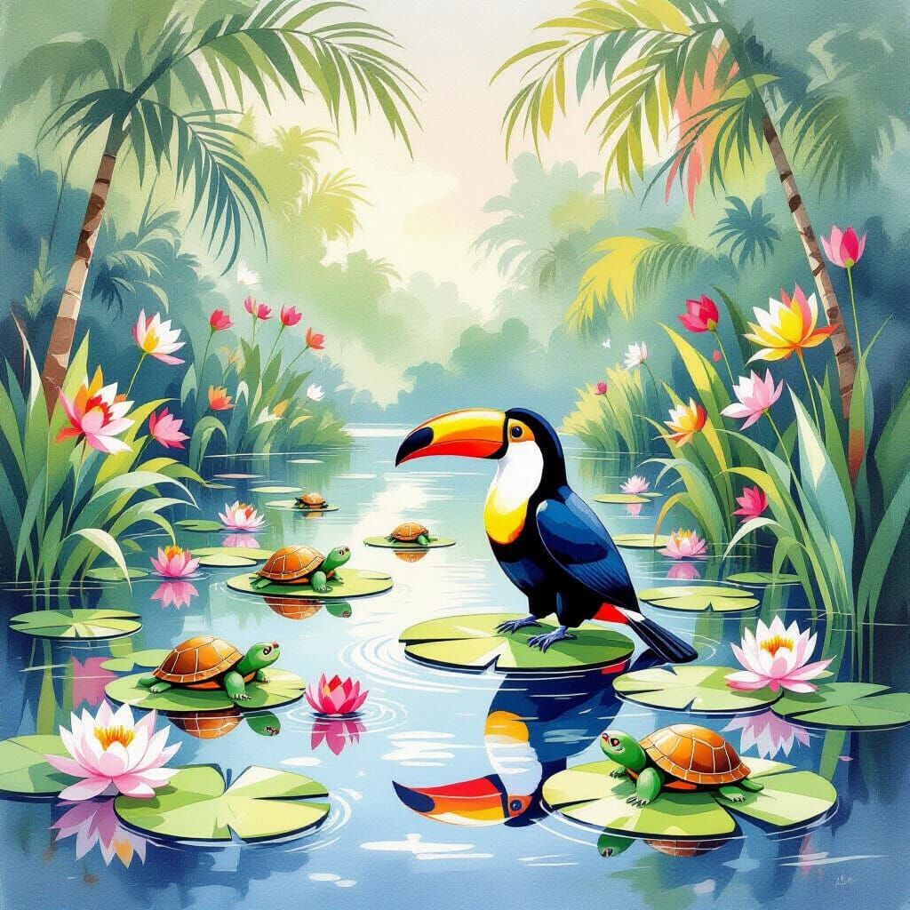 Toucan in Watercolor Landscape