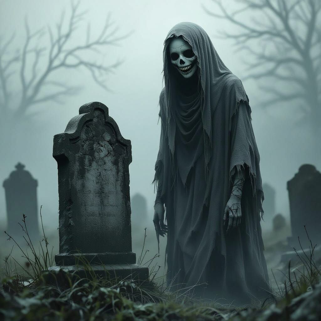 Eerie Female Ghost with Gravestone in Digital Art Style