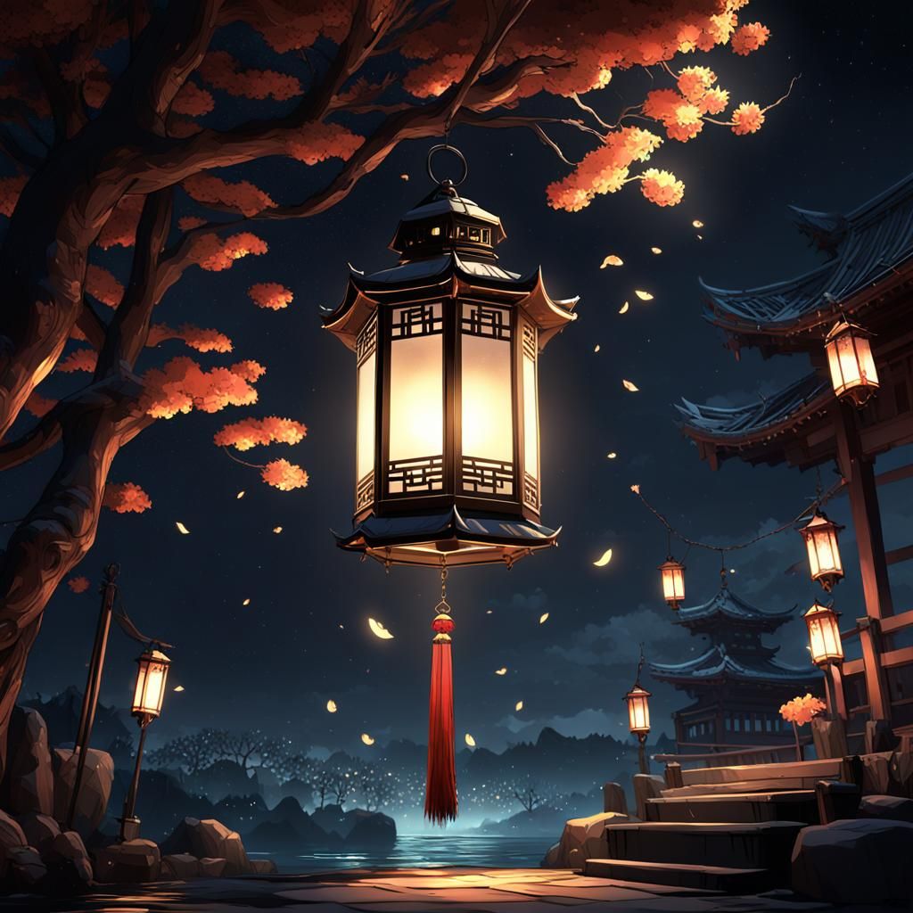 Glowing Lantern in Dark Night: 3D Anime Art