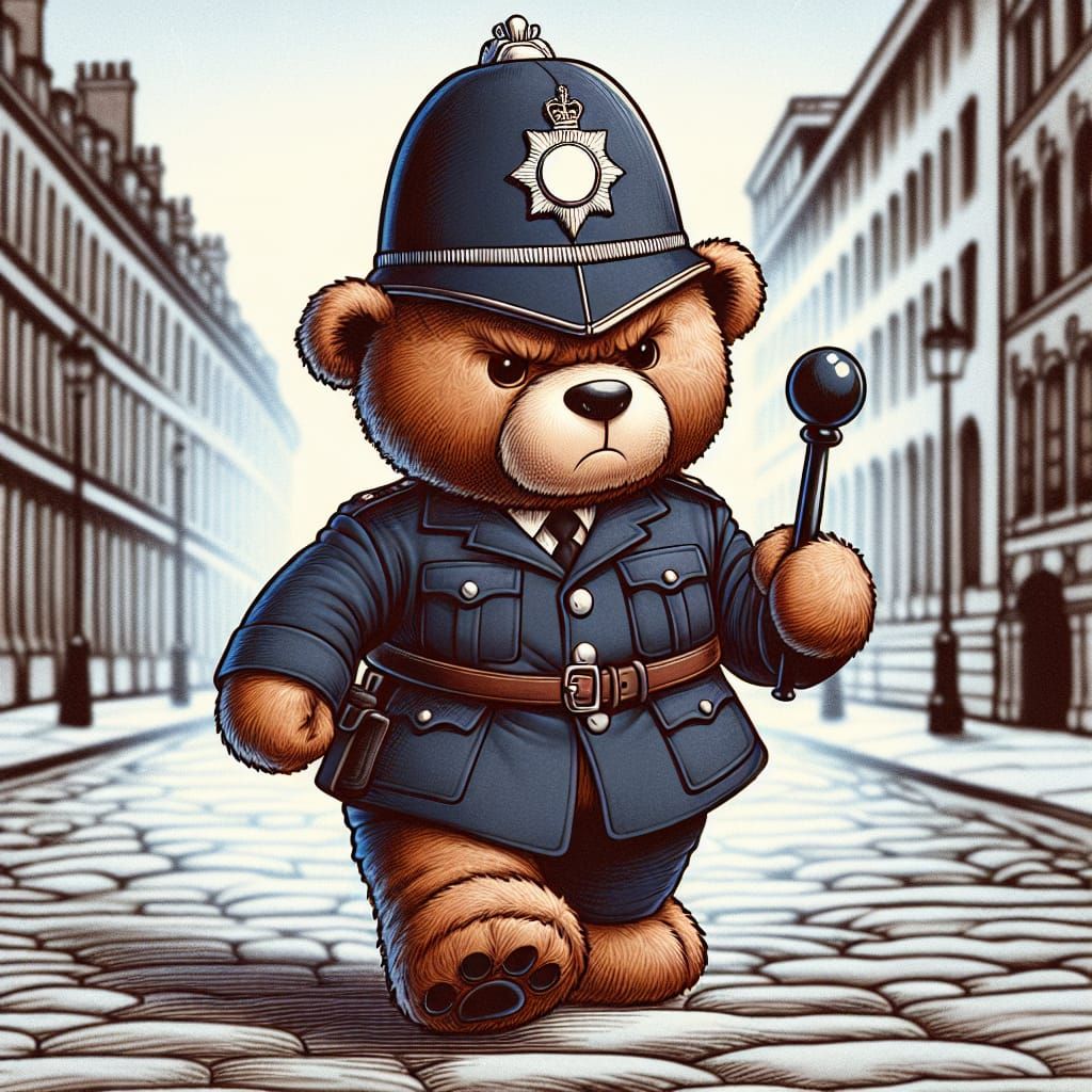 Teddy Bear as UK Police Officer in Vintage Cartoon Style
