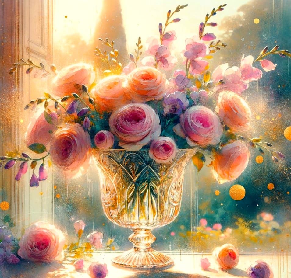 Vintage Watercolour Crystal Vase with Roses and Freesias