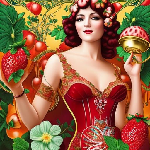 Art Nouveau Strawberry Liqueur Poster with Woman