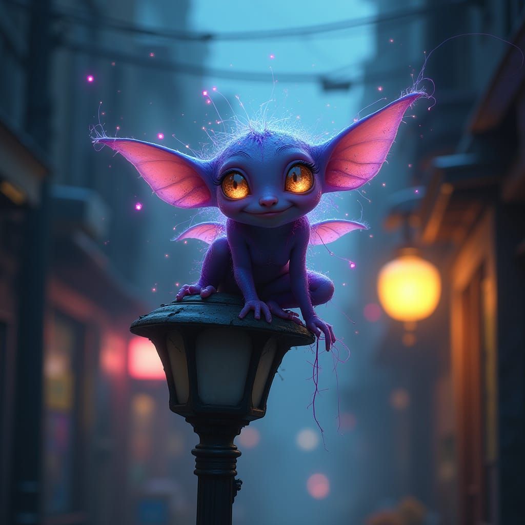 Neon Elf on Lamppost in Glowing Alley