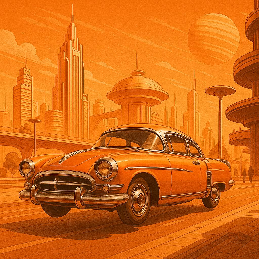 Orange Retro Futurism Cityscape with Sci-Fi Vehicles