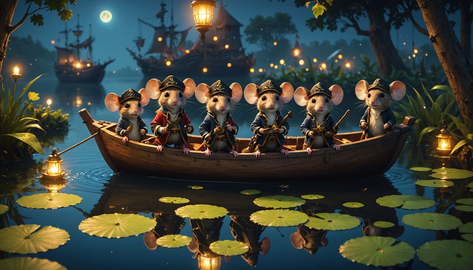 Mice Pirates Sail at Night: Ethereal Digital Painting