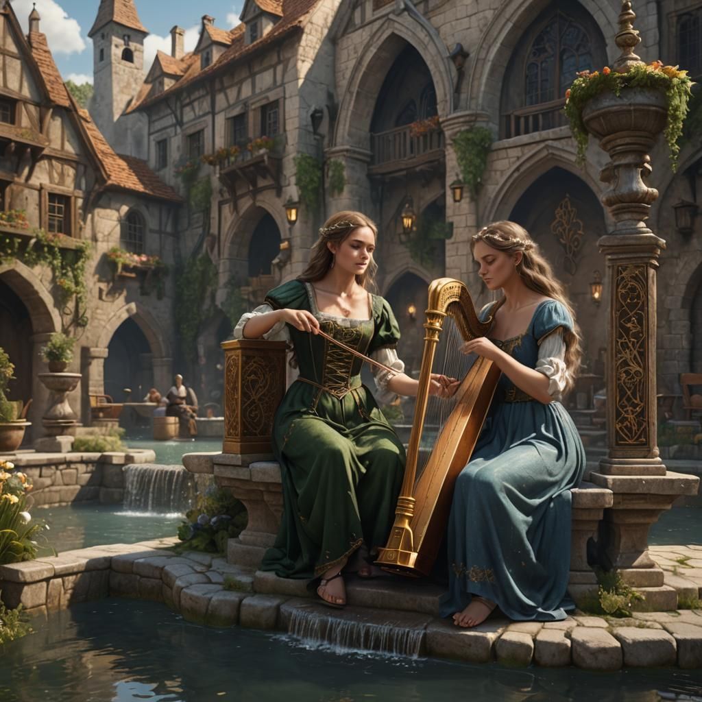 Medieval Village Scene with Bard Playing Harp