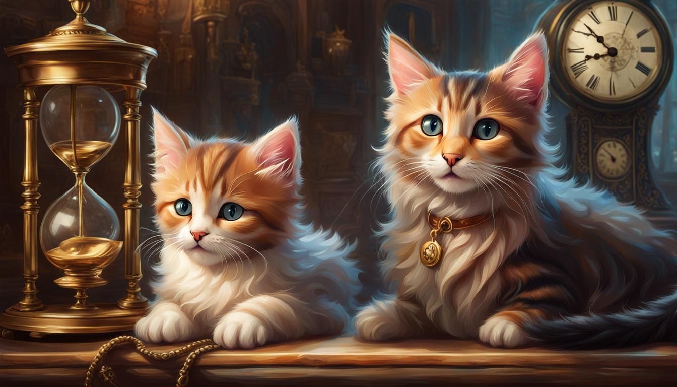 Kitten and Elder Cat in Time Flow, Digital Art