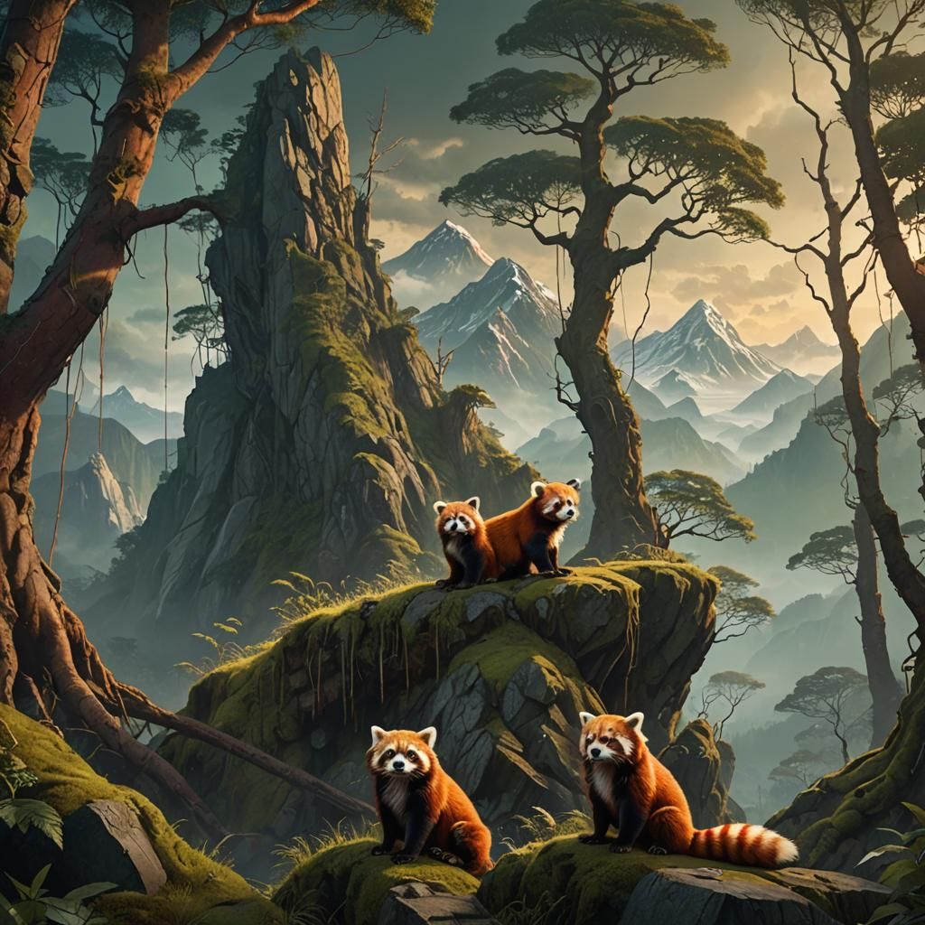 Red Pandas Relaxing Beside a Majestic Mountain