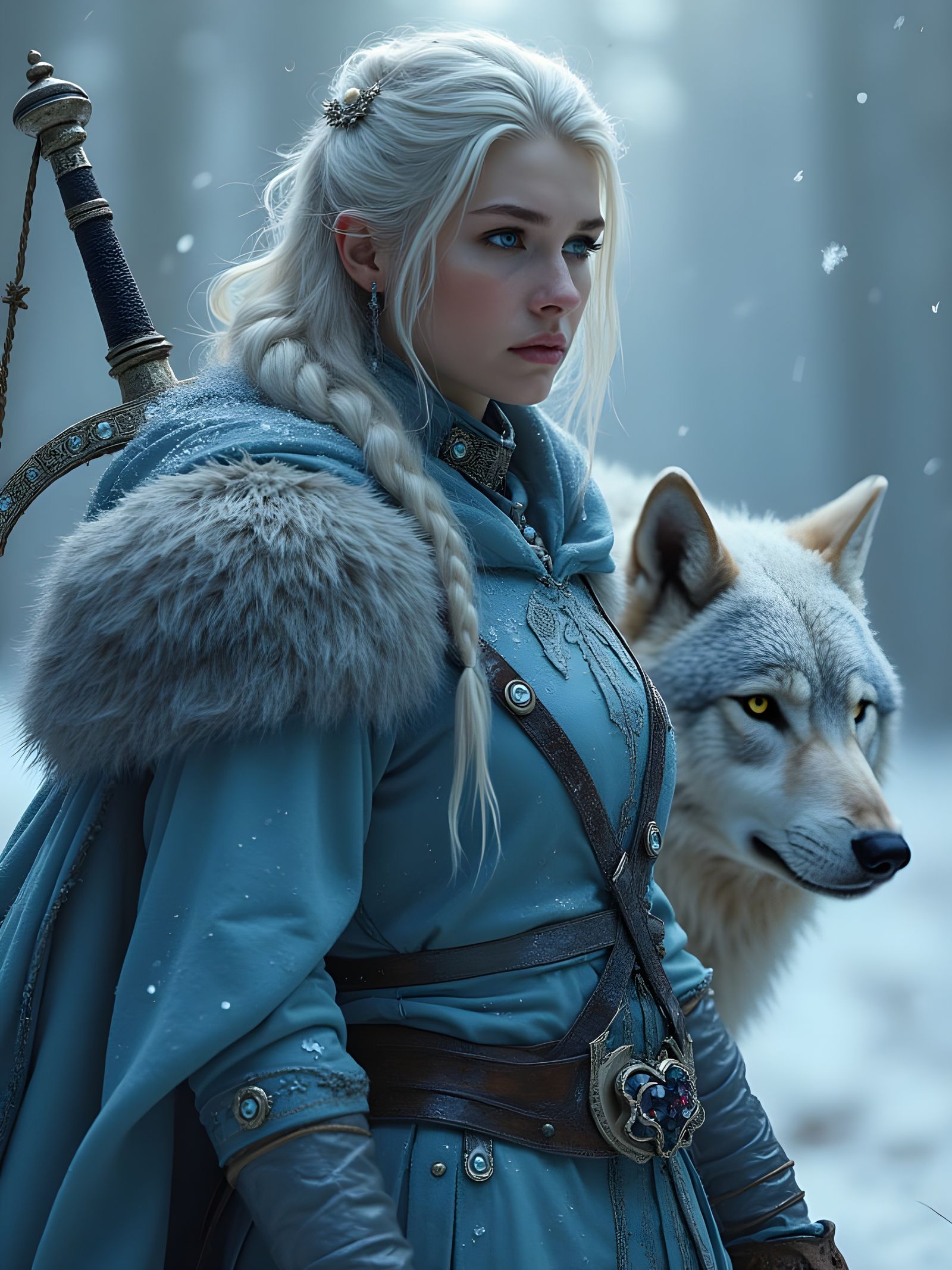 Icy Warrior Woman with Wolf in Hyperrealistic Style