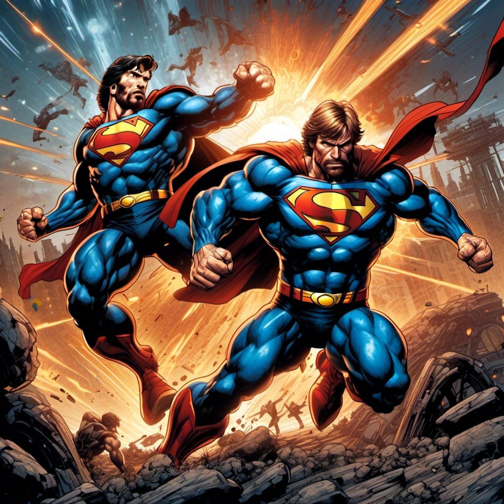 <lora:Animation:1.0> Chuck Norris fighting Superman  Mark Br...