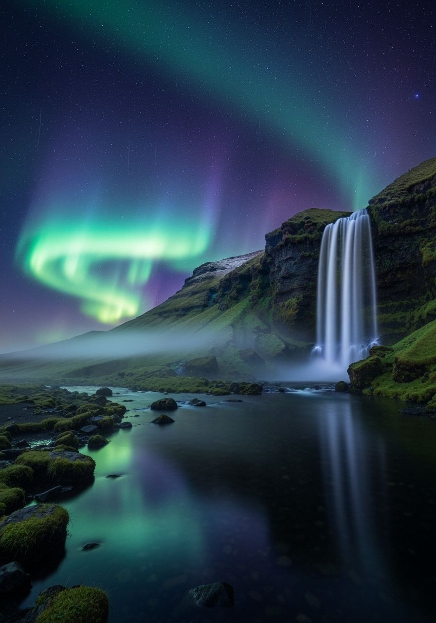 Aurora Borealis over Majestic Mountain Landscape