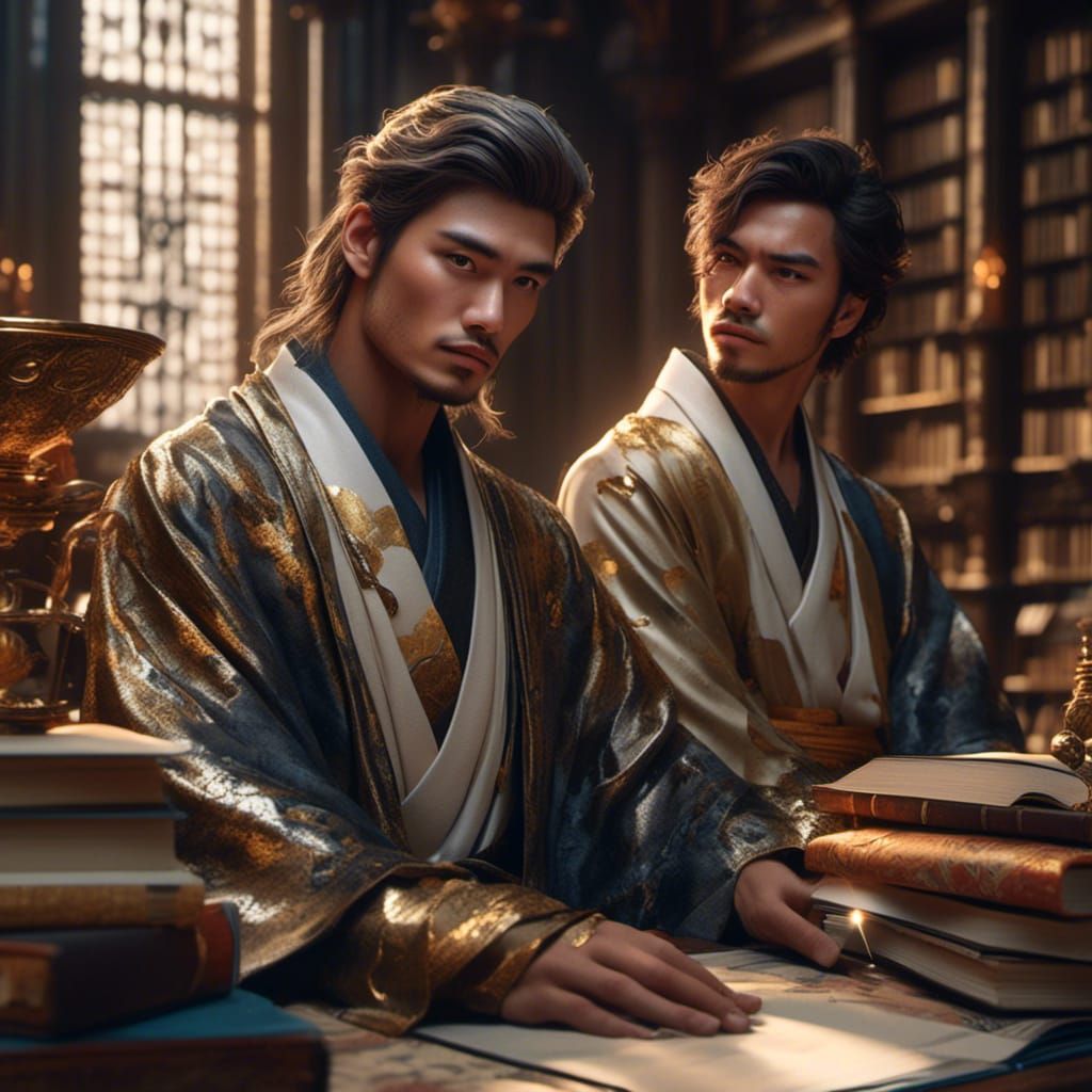 Japanese Wizard Students in Ancient Library