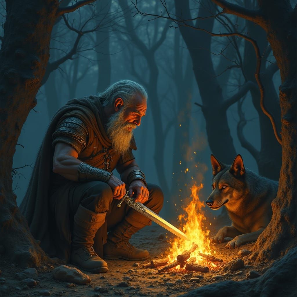 Weathered Elven Ranger by Crackling Campfire