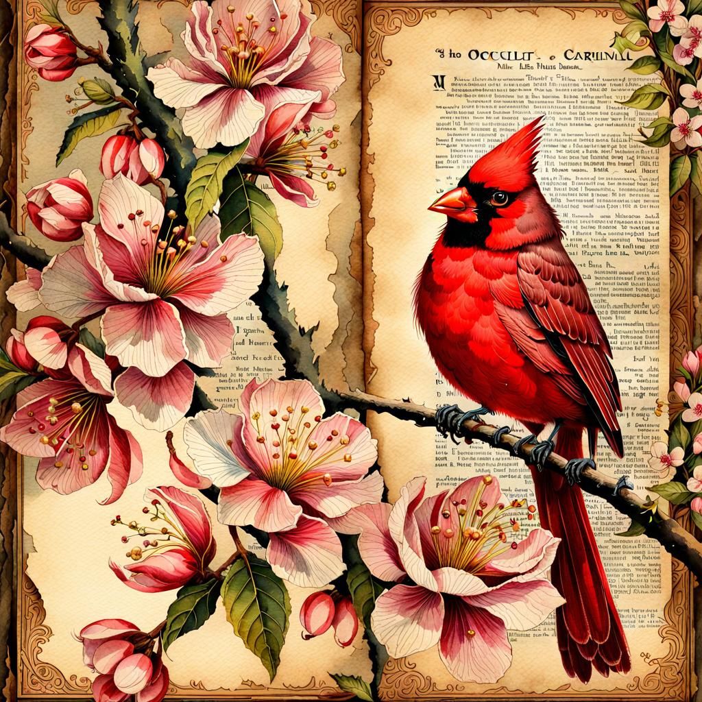 Vintage Watercolor Cardinal with Cherry Blossoms