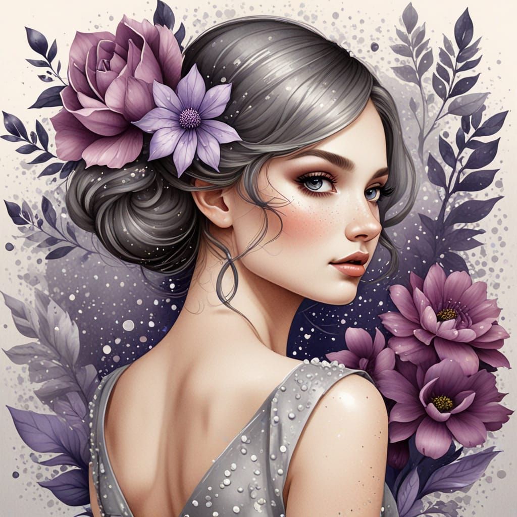 Beautiful Woman in Watercolor with Floral Dress