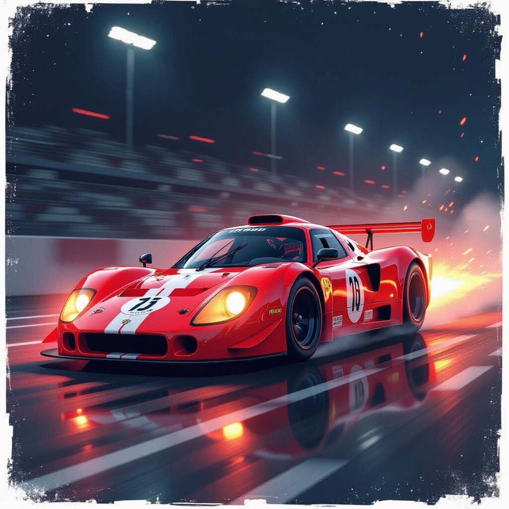 Red Neon Race Car in Dynamic Historical Style