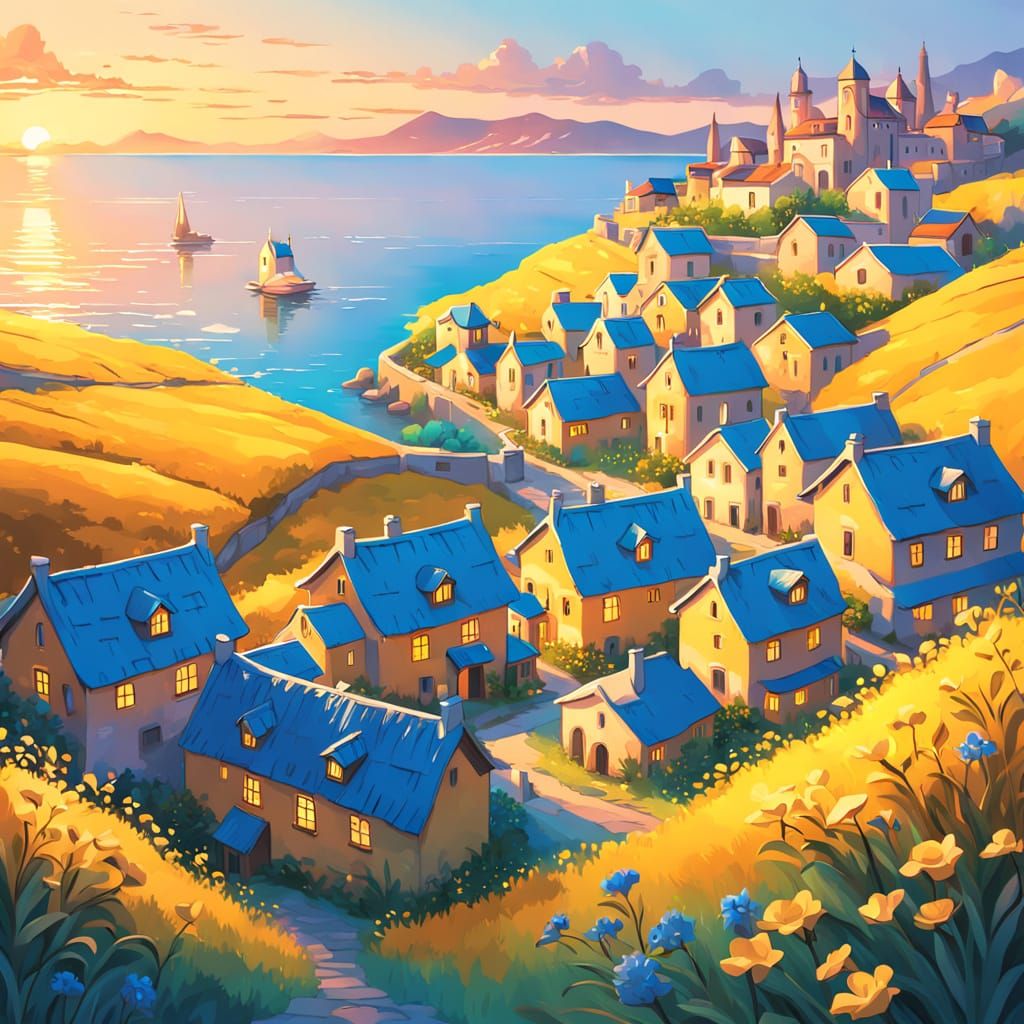 Blue Village by Ocean with Golden Light