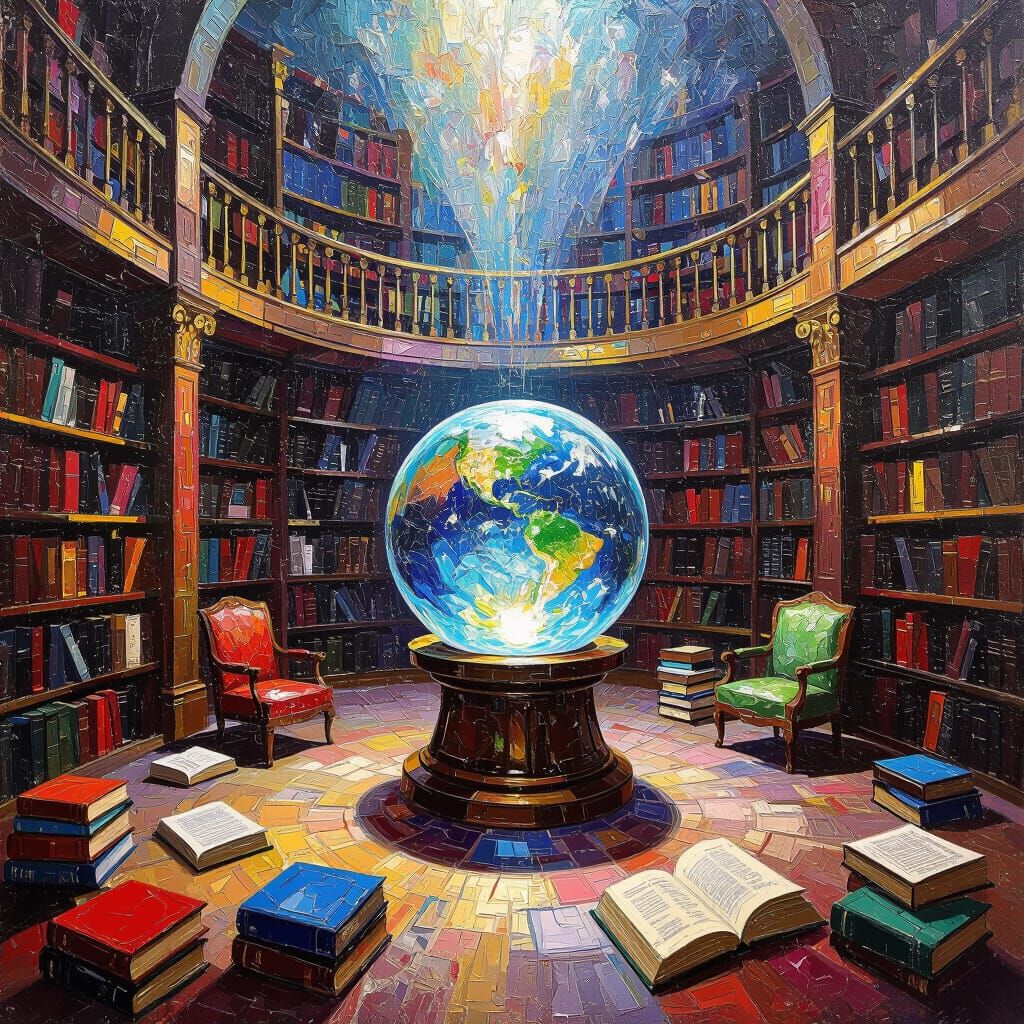 Opulent Magic Library with Crystal Ball in Neo-Impressionist...