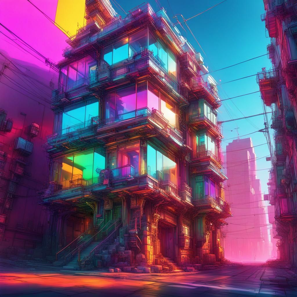 Neon Glass Village with Abstract Fractals in Cyberpunk Style