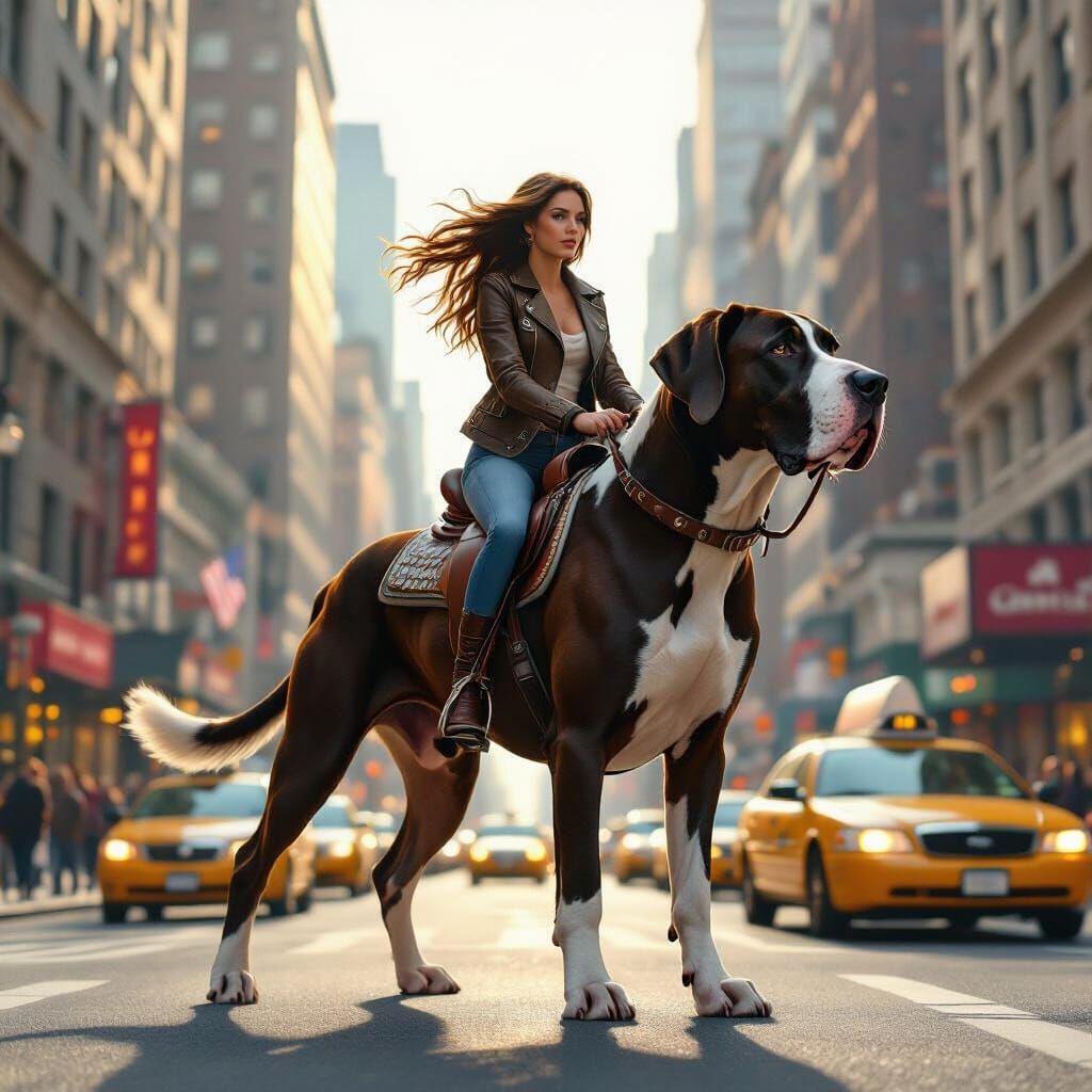 Woman Rides Giant Great Dane on NYC Sidewalk
