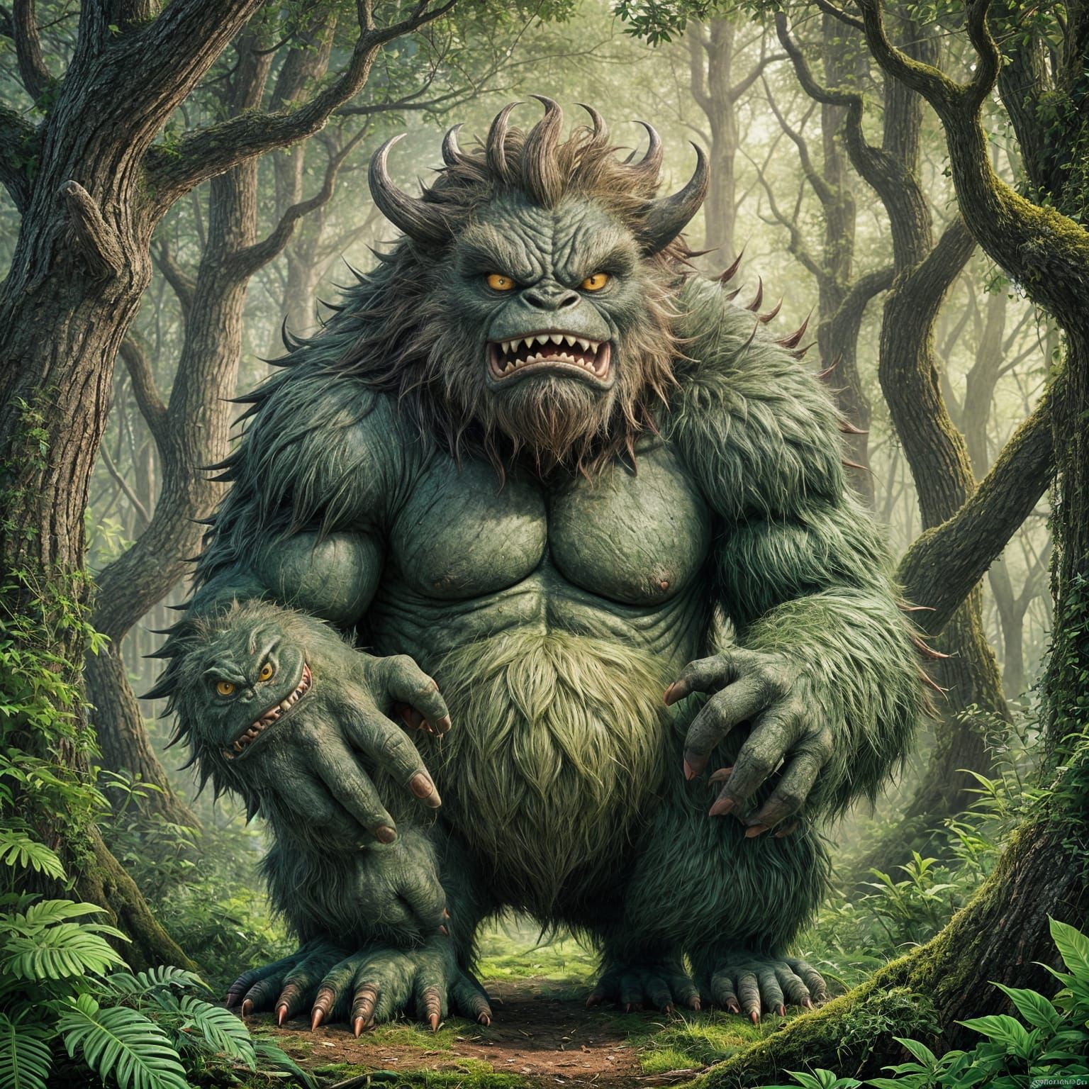 Grumpy Monster in Windy Forest Scene