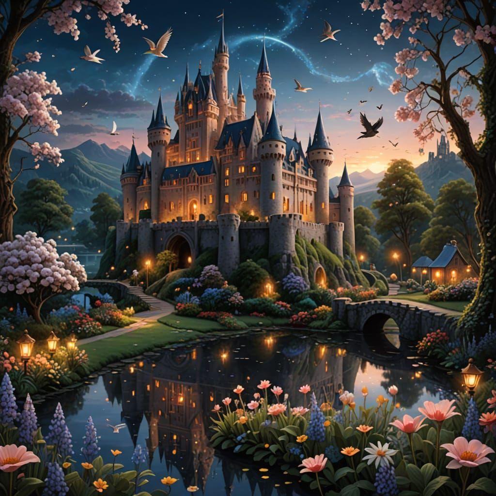 Enchanting Magical Castle at Twilight with Glowing Windows