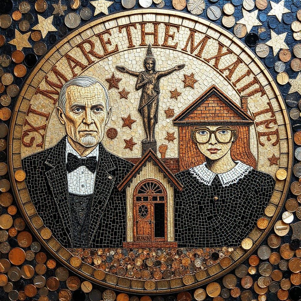 American Gothic Reimagined as Intricate Coin Mosaic