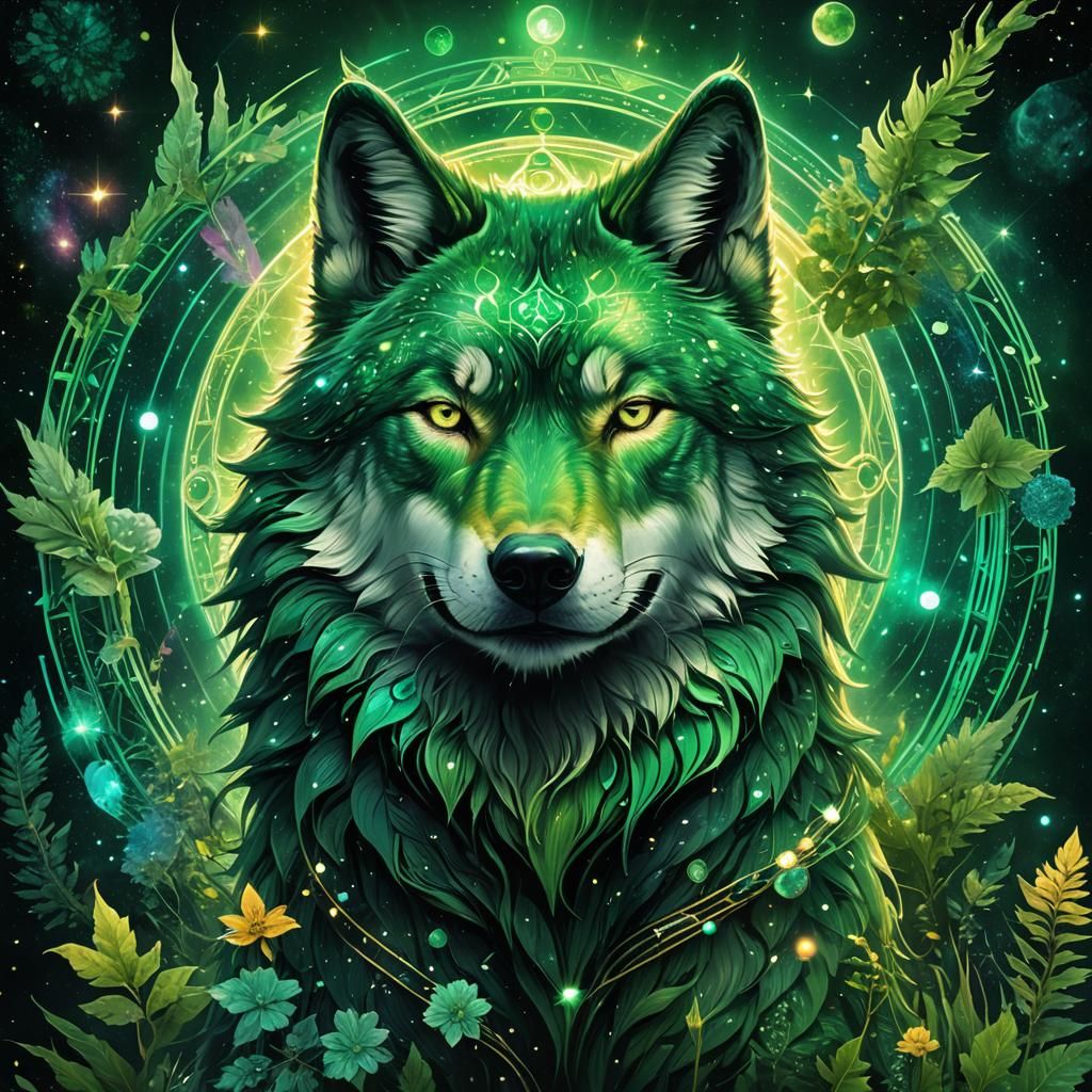 Sparkling Green Wolf: Holographic Cosmic Illustration