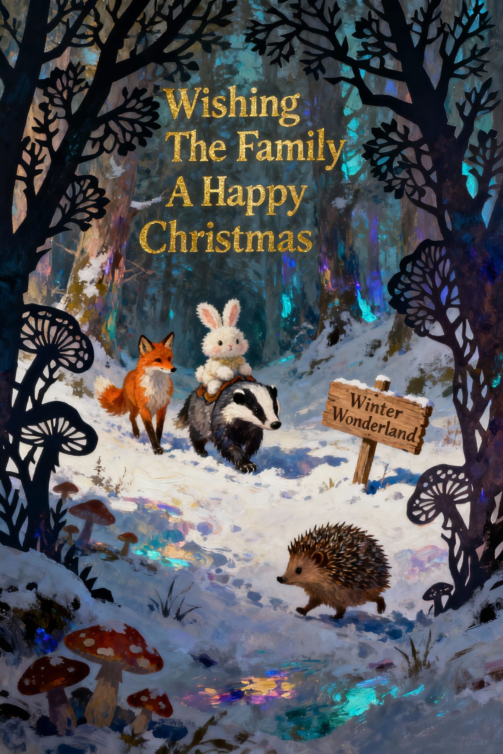 Winter Wonderland Christmas Card with Animals in Snowy Fores...